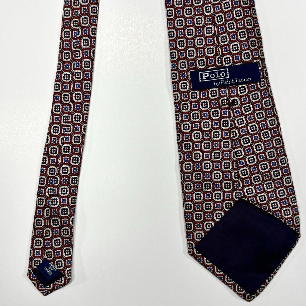 Polo Ralph Lauren Tie Maroon Red Silk Hand Made Geometric Preppy Vintage USA 90s - Picture 3 of 8